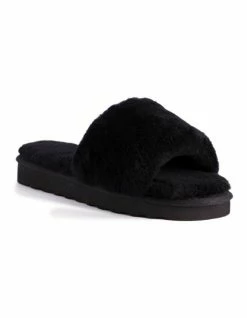 AUS WOOLI UGG WOMEN SHEEPSKIN FLUFF SLIDE - Black
