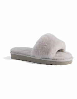 AUS WOOLI UGG WOMEN SHEEPSKIN FLUFF SLIDE - Light Grey